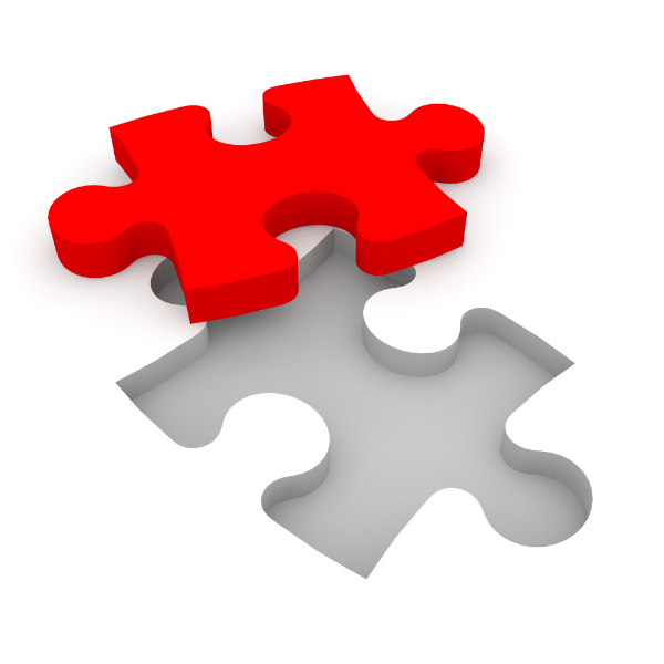 An image of the last red jigsaw piece of an all white jigsaw puzzle.