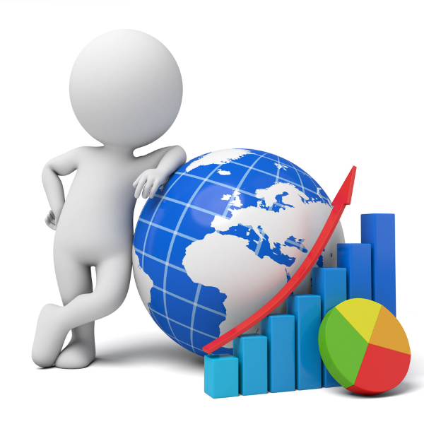 An image of a cartoon person leaning of a globe with graphs and pie charts.