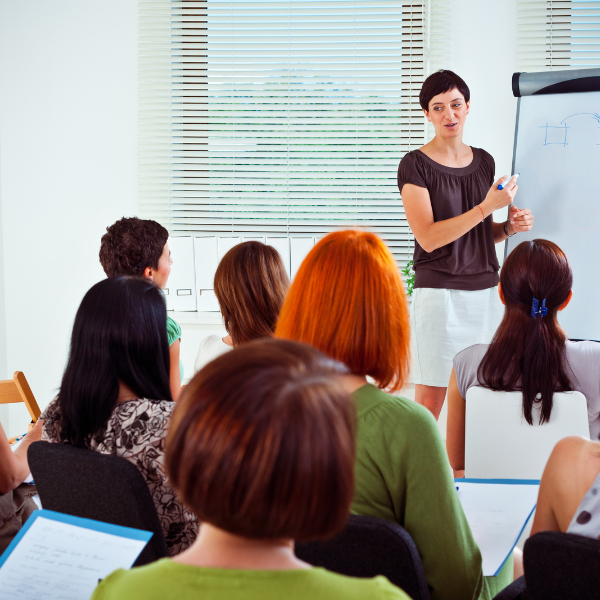 Melonbox Training & Consultancy - a group of people sitting learning with a person writing on a flipchart.