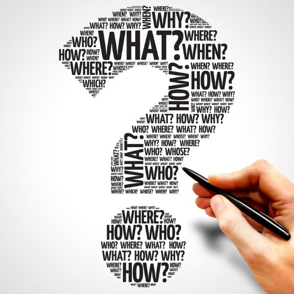 Melonbox Training & Consultancy - the shape of a question mark filled with words to start open questions with.