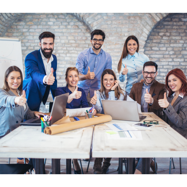 Melonbox Training & Consultancy - a group of people at work with their thumbs up.